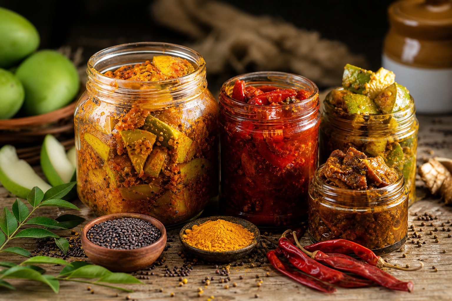 Kanmark pickle jars with traditional spices — mango, chilli, and mixed varieties